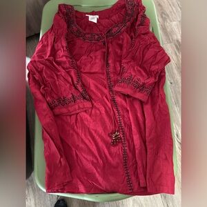 Ulla Popken Burgundy Blouse with Black Embroidery
